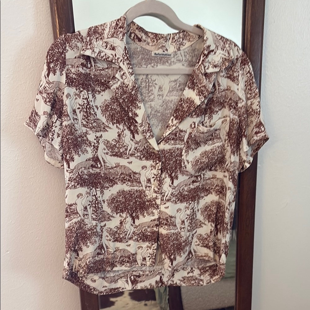 Reformation Brown Button Down Shirt with Notched Collar